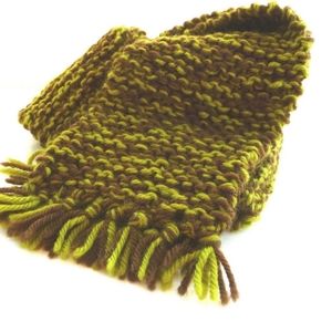 Tweed Wool Hand Made Scarf Knit Green Brown Tweed Fringe Unisex